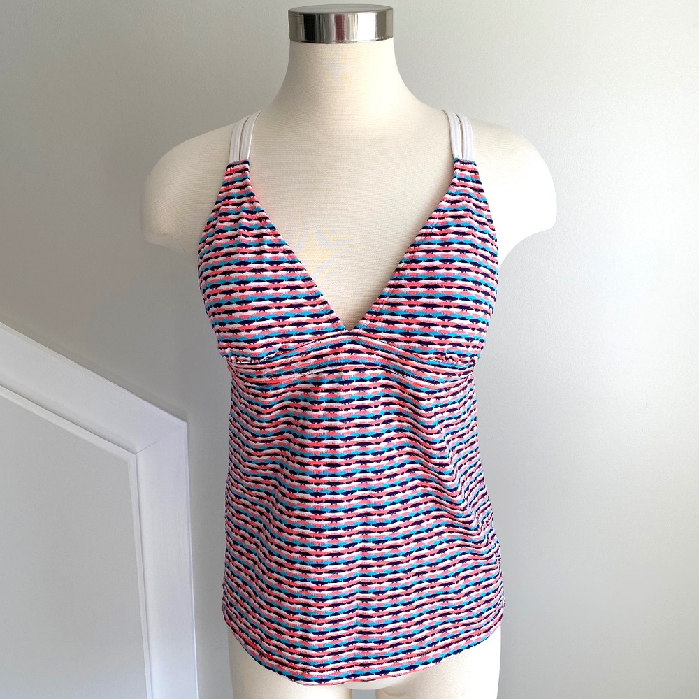 Athleta Racer Back Tankini Top Orange Aqua Black White - Size M